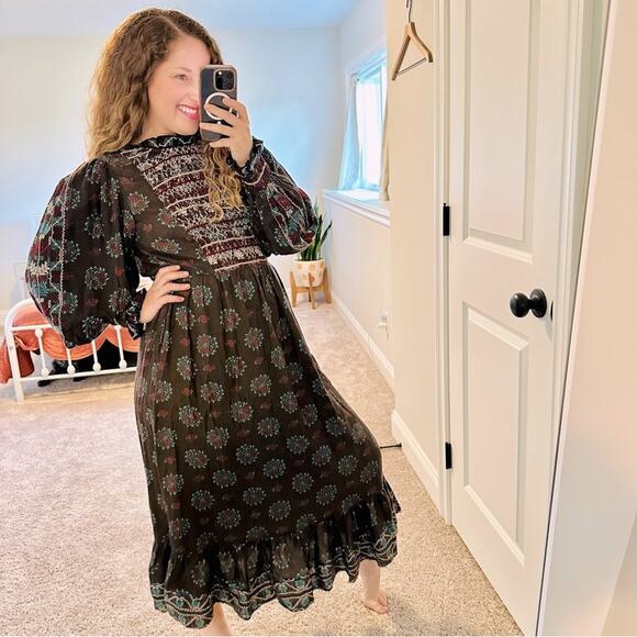 Sea New York Black Blue Embroidered Smocked Maxi Dress S/M - Picture 1 of 14